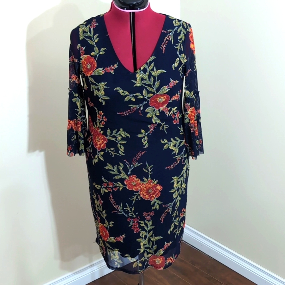 Allison Brittney|Navy Floral Semi Sheer Midi Dress Flared Sleeves, Fully Lined